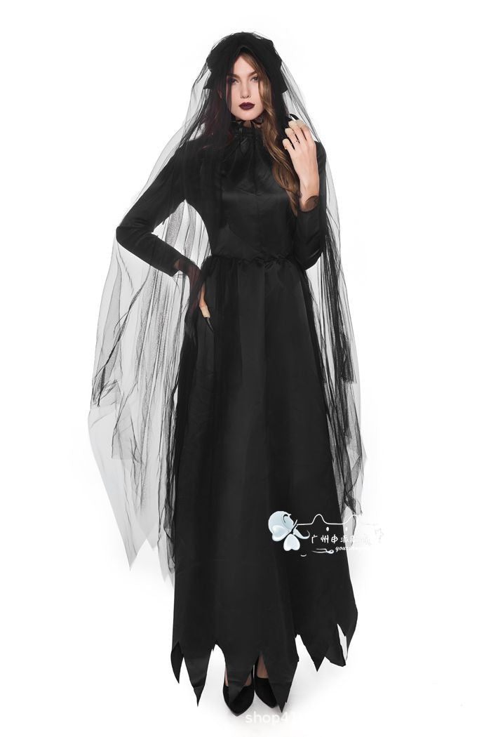 Ghost Bride Vampire Costume – Women's Black Wedding Dress Halloween Set