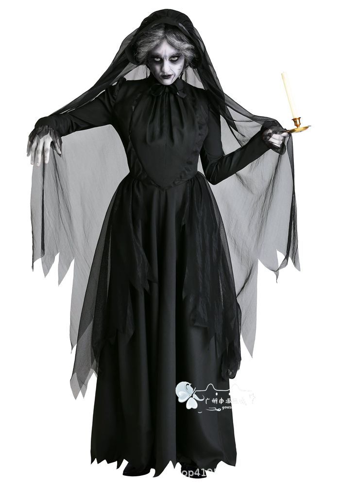 Ghost Bride Vampire Costume – Women's Black Wedding Dress Halloween Set