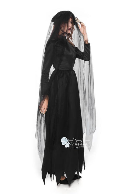 Ghost Bride Vampire Costume – Women's Black Wedding Dress Halloween Set
