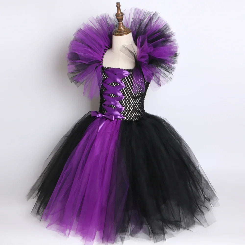 Halloween Evil Queen Costume for Kids Carnival Party Dress Up Outfit Purple Black Witch Costume for Girls Fancy Tulle Tutu Dress