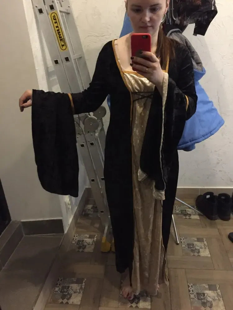Halloween Velvet Bell Sleeve Dress – Medieval European Court Vintage Gown | 5 Colors | Sizes S–XXXL