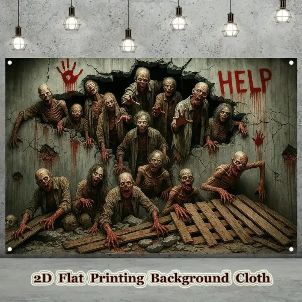VIKAMA 2D Halloween Banner - Zombie Breakout Horror Scene Photography Background - Party Decoration - Hanging Background