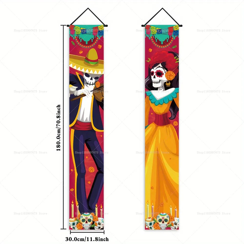 Halloween Decorations Dia De Los Muertos Porch Sign Banners Mexico Day of The Dead Hanging Banner for Indoor Outdoor Wall Decor