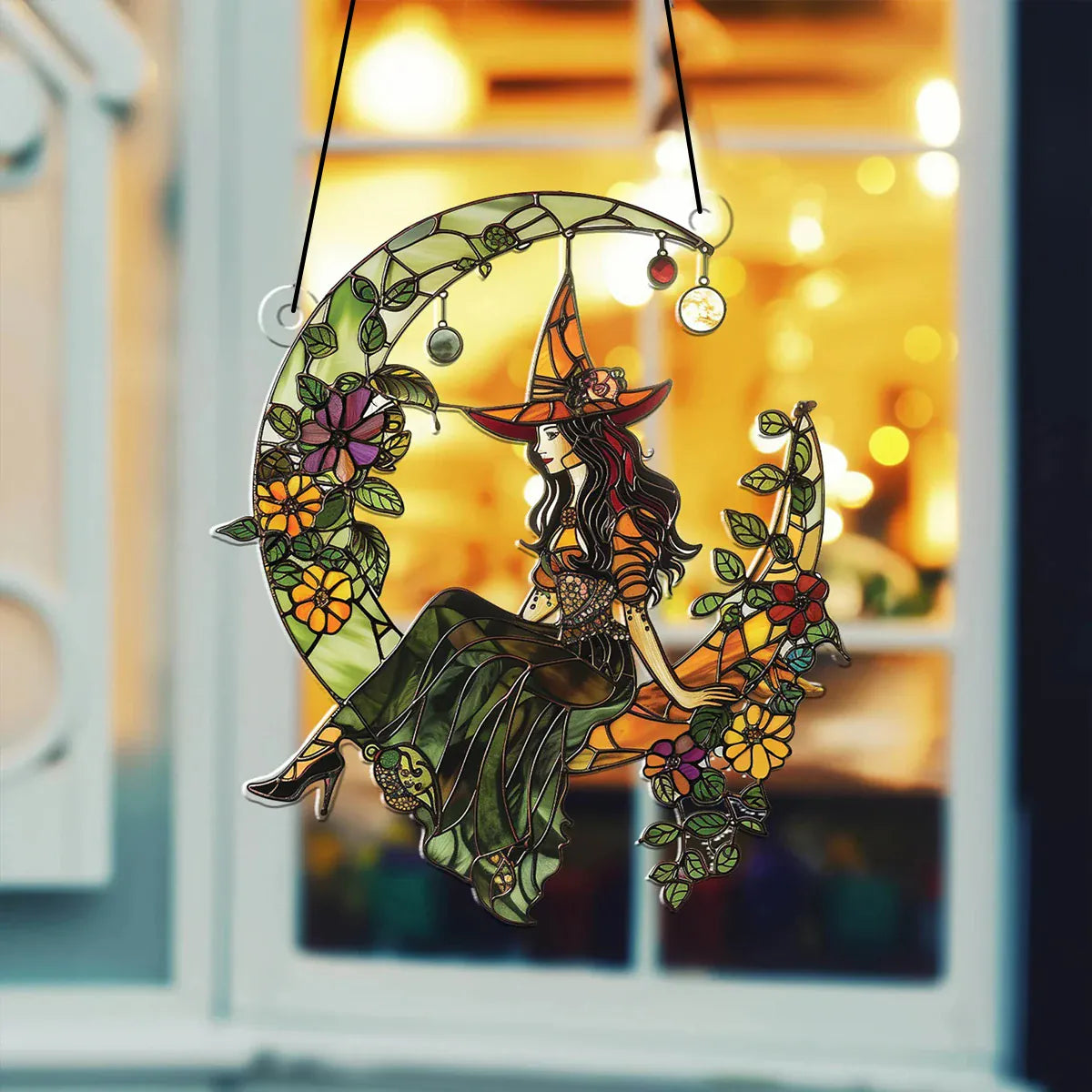 Halloween Witch Moon Suncatcher – Colorful Acrylic Window Decoration