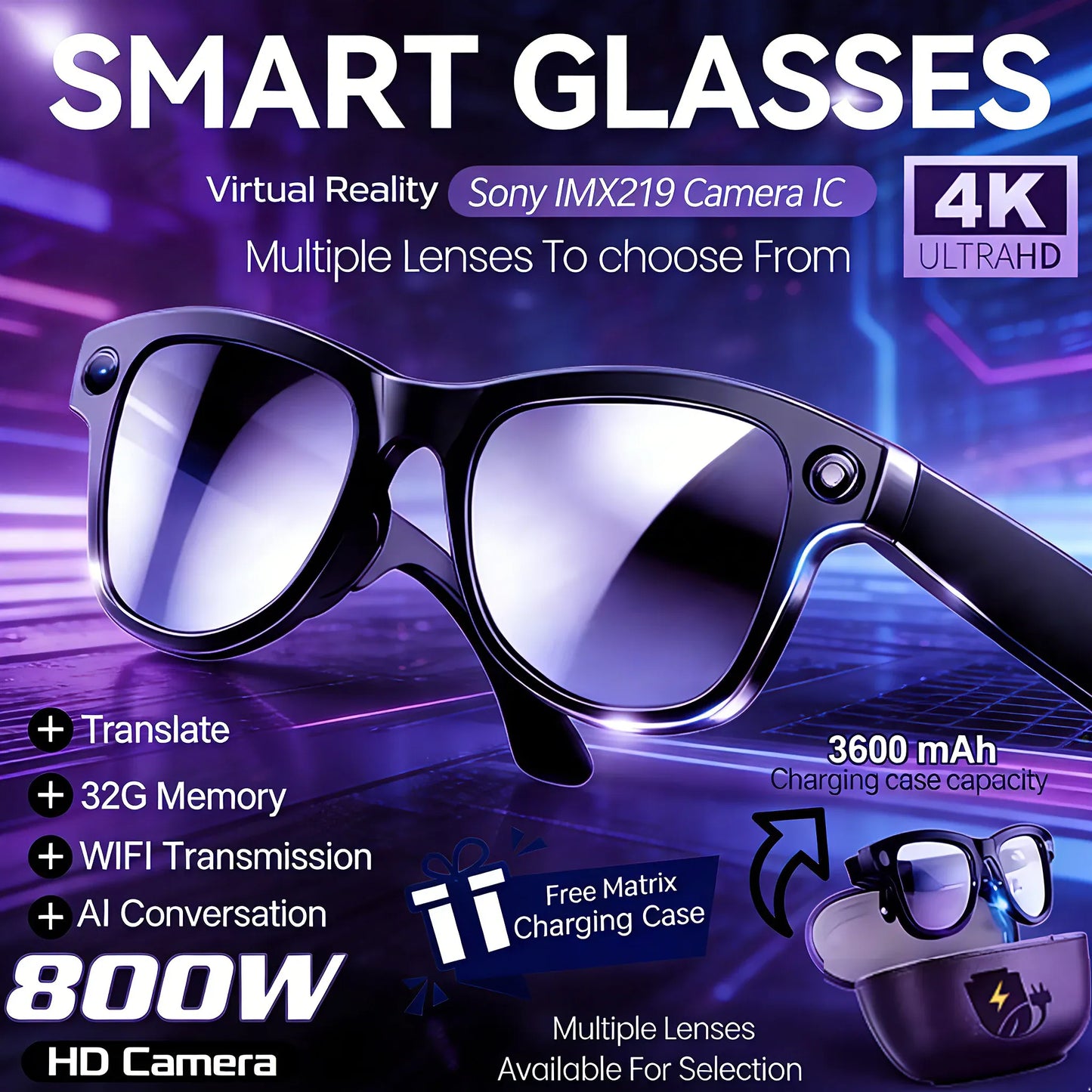 Smart AI Glasses – 8K Camera, Real-Time Translator & Photo/Video Recording Wearable