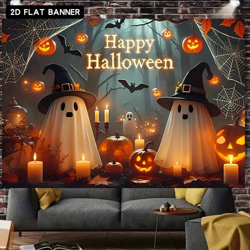 1pc Thrilling Gloomy Jungle Cute Funny Ghost Pumpkin Head Themed Halloween Banner Poster