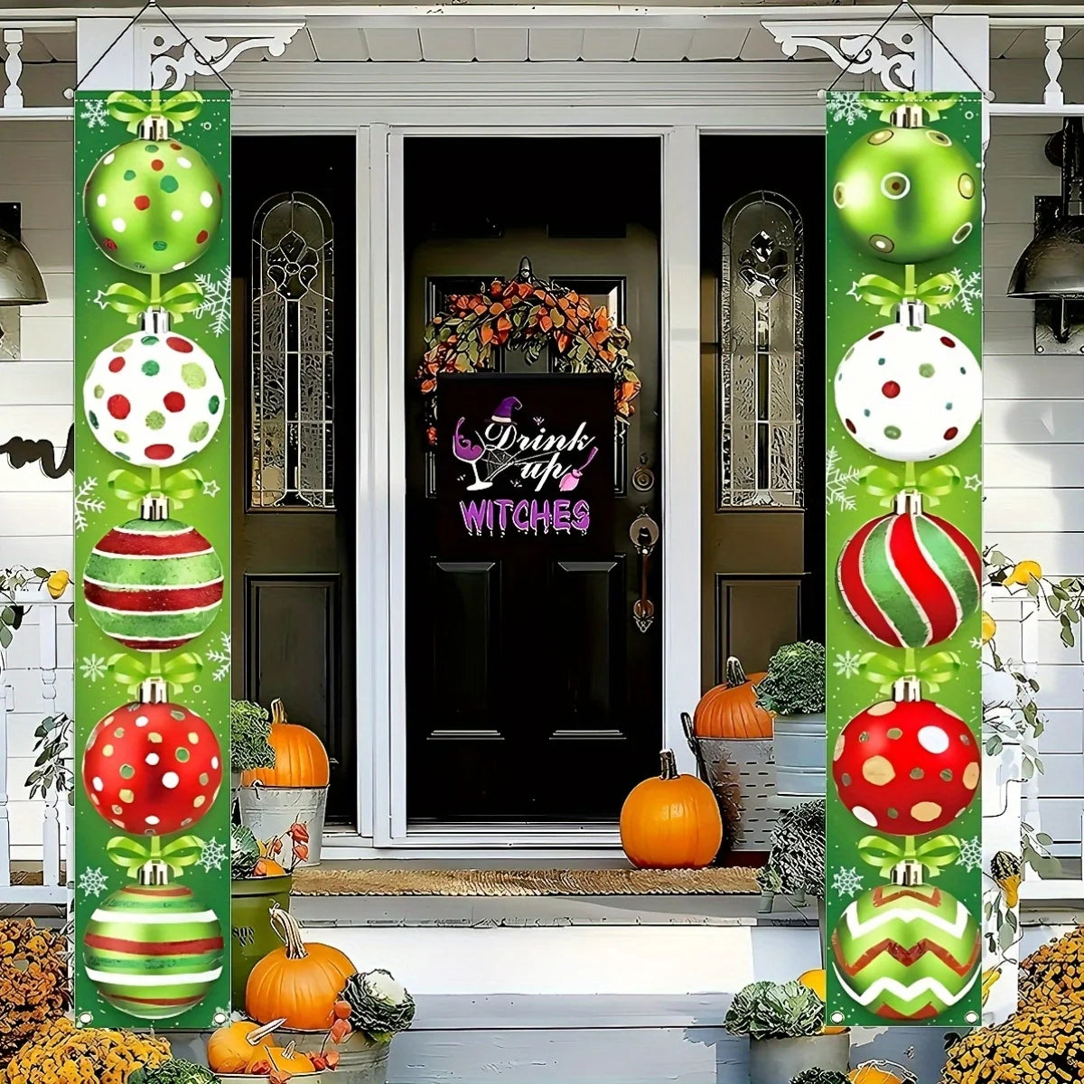 Red and green holiday decorations, featuring ornaments, snowflakes and the words "Merry Christmas"
