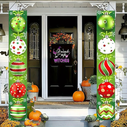 Red and green holiday decorations, featuring ornaments, snowflakes and the words "Merry Christmas"