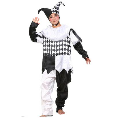 Halloween Carnival Costumes Funny Fun Cosplay Black and White Splicing Clown Costume with Hat for Man Women Innovative Set