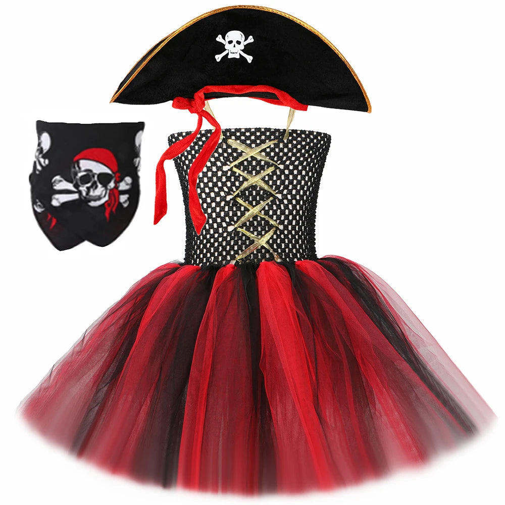 Girls Pirate Costume Kids Halloween Carnival Party Dress Up Clothes Black Red Toddler Girls Pirates Tulle Princess Tutu Dress