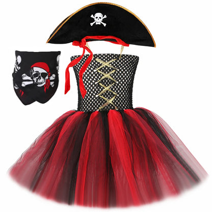 Girls Pirate Costume Kids Halloween Carnival Party Dress Up Clothes Black Red Toddler Girls Pirates Tulle Princess Tutu Dress