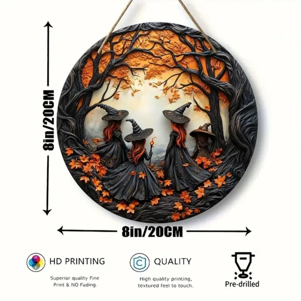 2D Retro Halloween Witch Circular Wooden Sign, Suitable for Home, Restaurant, Office, Coffee Shop, Bar, Holiday Decoration Gifts