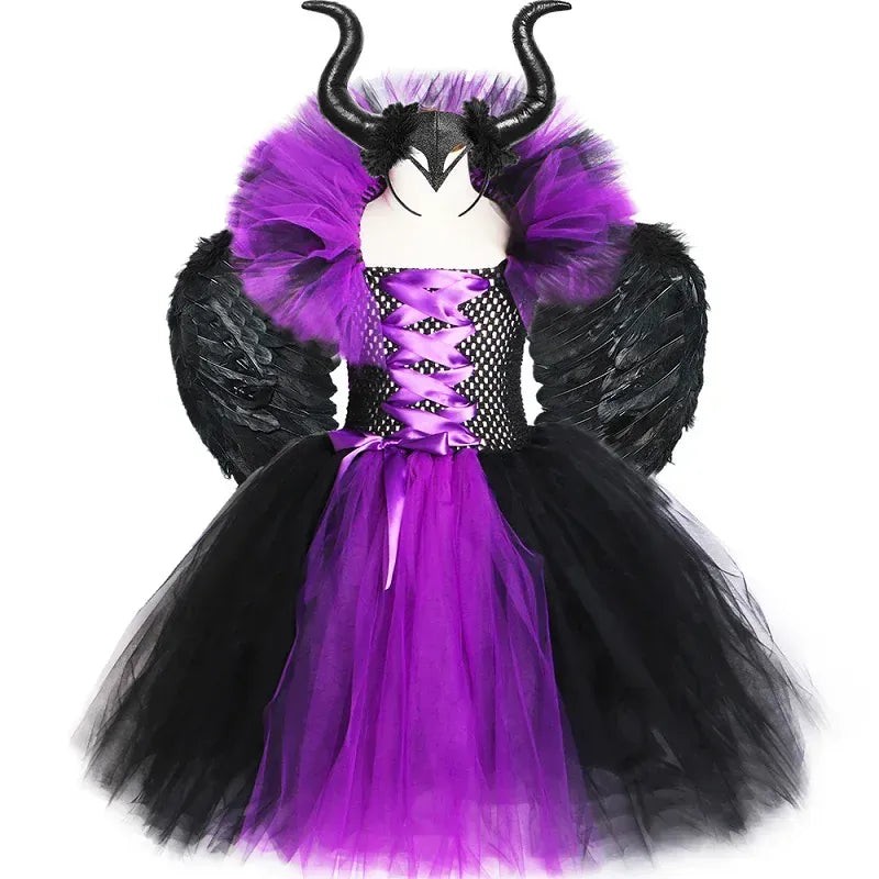 Halloween Evil Queen Costume for Kids Carnival Party Dress Up Outfit Purple Black Witch Costume for Girls Fancy Tulle Tutu Dress