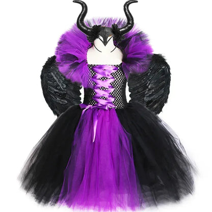 Halloween Evil Queen Costume for Kids Carnival Party Dress Up Outfit Purple Black Witch Costume for Girls Fancy Tulle Tutu Dress