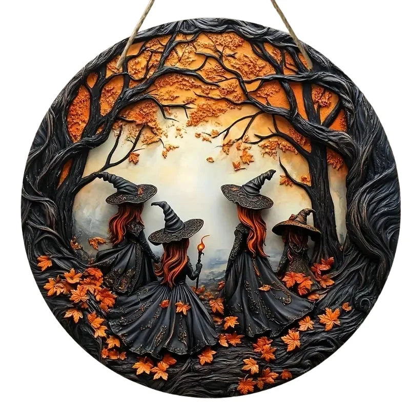 2D Retro Halloween Witch Circular Wooden Sign, Suitable for Home, Restaurant, Office, Coffee Shop, Bar, Holiday Decoration Gifts