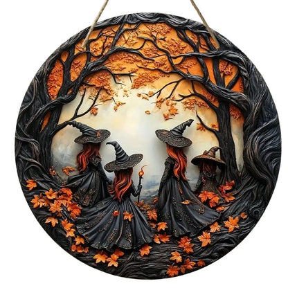2D Retro Halloween Witch Circular Wooden Sign, Suitable for Home, Restaurant, Office, Coffee Shop, Bar, Holiday Decoration Gifts