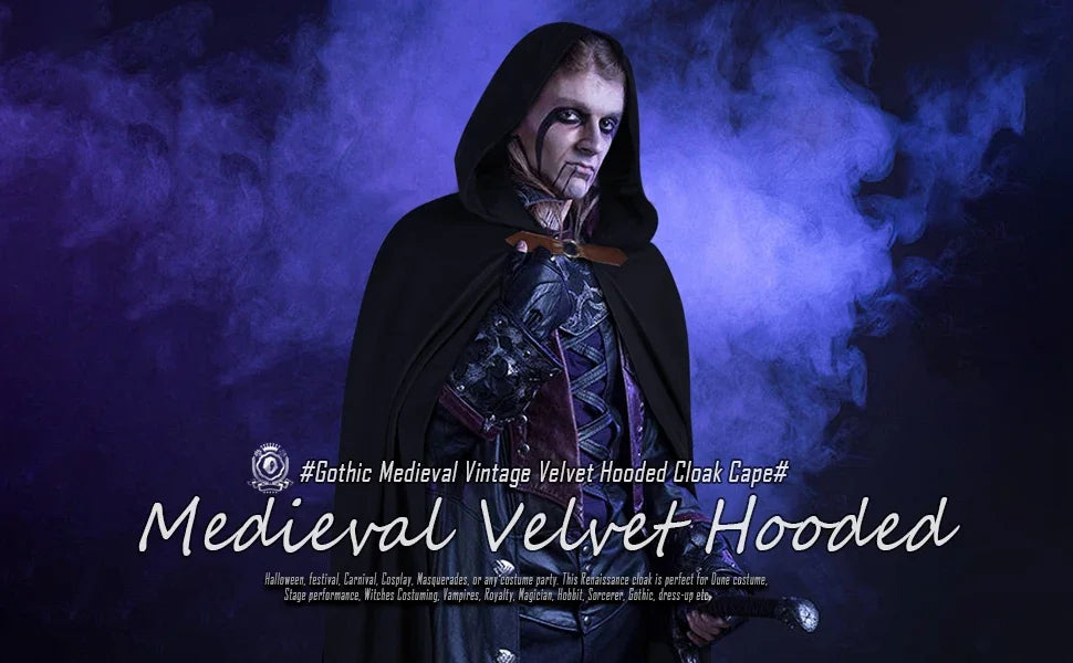 FashionMedieval Velvet Hooded Cloak - Renaissance Cape with Hood Vintage Capelet Halloween Sorcerer Costume