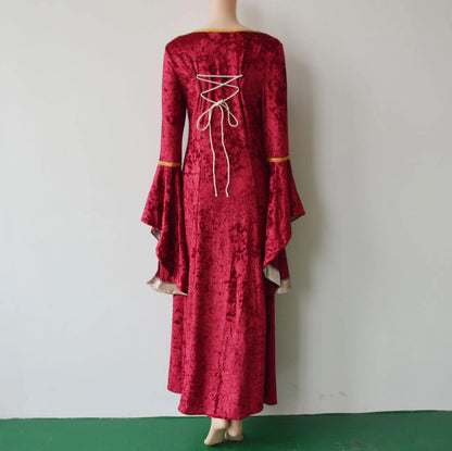 Halloween Velvet Bell Sleeve Dress – Medieval European Court Vintage Gown | 5 Colors | Sizes S–XXXL