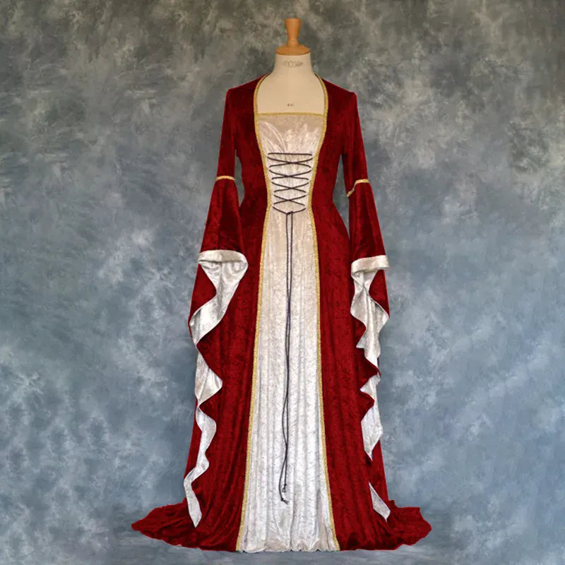 Halloween Velvet Bell Sleeve Dress – Medieval European Court Vintage Gown | 5 Colors | Sizes S–XXXL