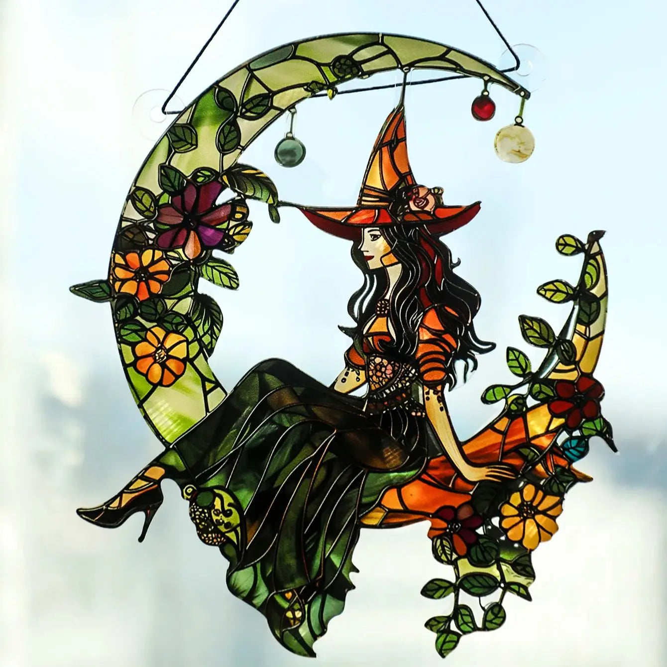 Halloween Witch Moon Suncatcher – Colorful Acrylic Window Decoration