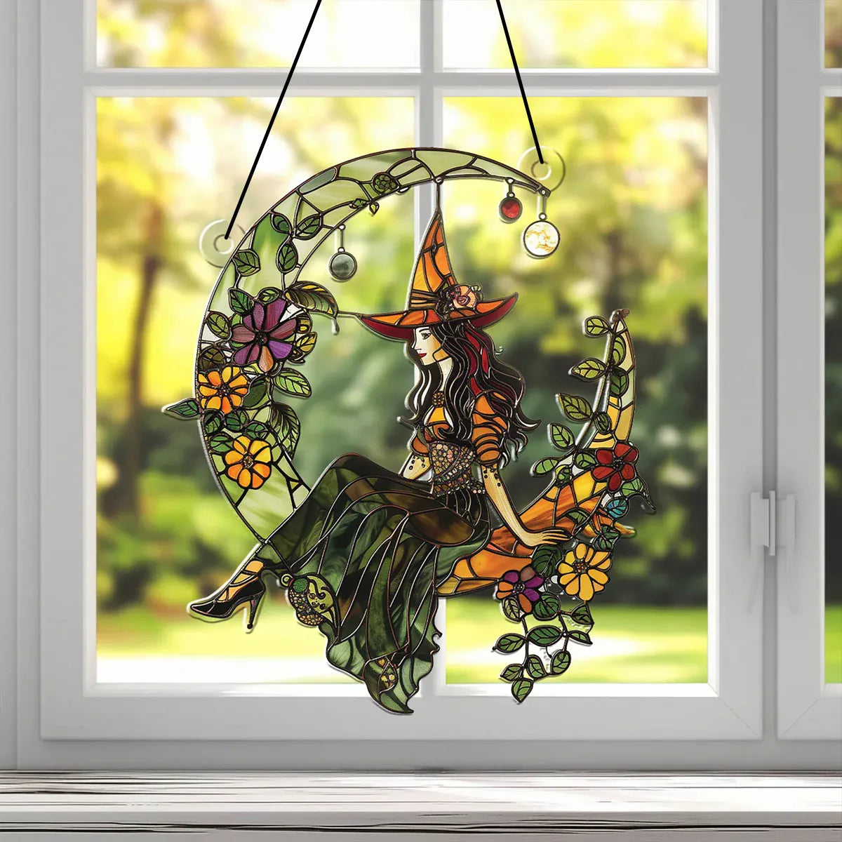 Halloween Witch Moon Suncatcher – Colorful Acrylic Window Decoration