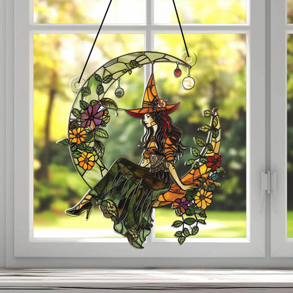 Halloween Witch Moon Suncatcher – Colorful Acrylic Window Decoration