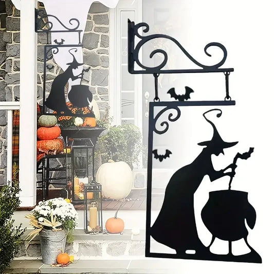 Halloween Metal Sign Witch Shape Iron Witch Boiler Silhouette Wall Mural Spooky Mysterious Witch Hanging Signage Horror