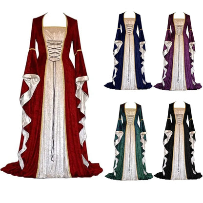 Halloween Velvet Bell Sleeve Dress – Medieval European Court Vintage Gown | 5 Colors | Sizes S–XXXL