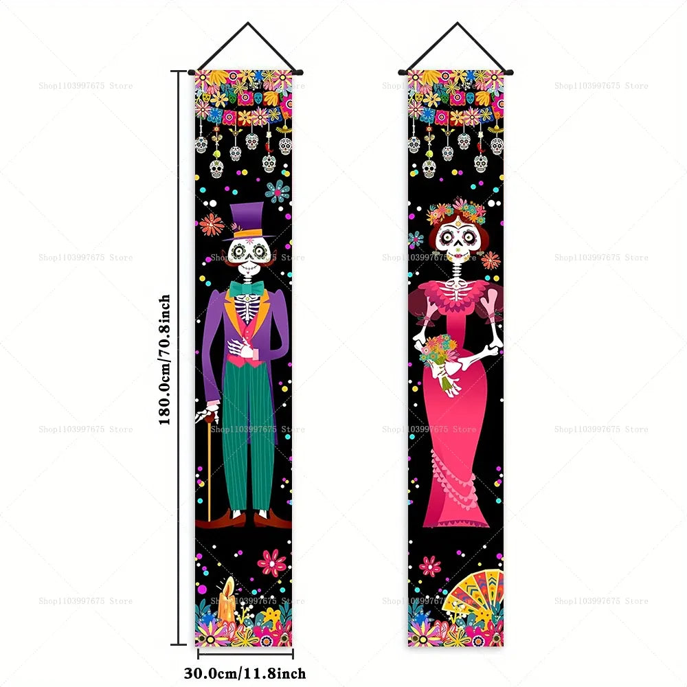 Halloween Decorations Dia De Los Muertos Porch Sign Banners Mexico Day of The Dead Hanging Banner for Indoor Outdoor Wall Decor