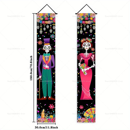 Halloween Decorations Dia De Los Muertos Porch Sign Banners Mexico Day of The Dead Hanging Banner for Indoor Outdoor Wall Decor