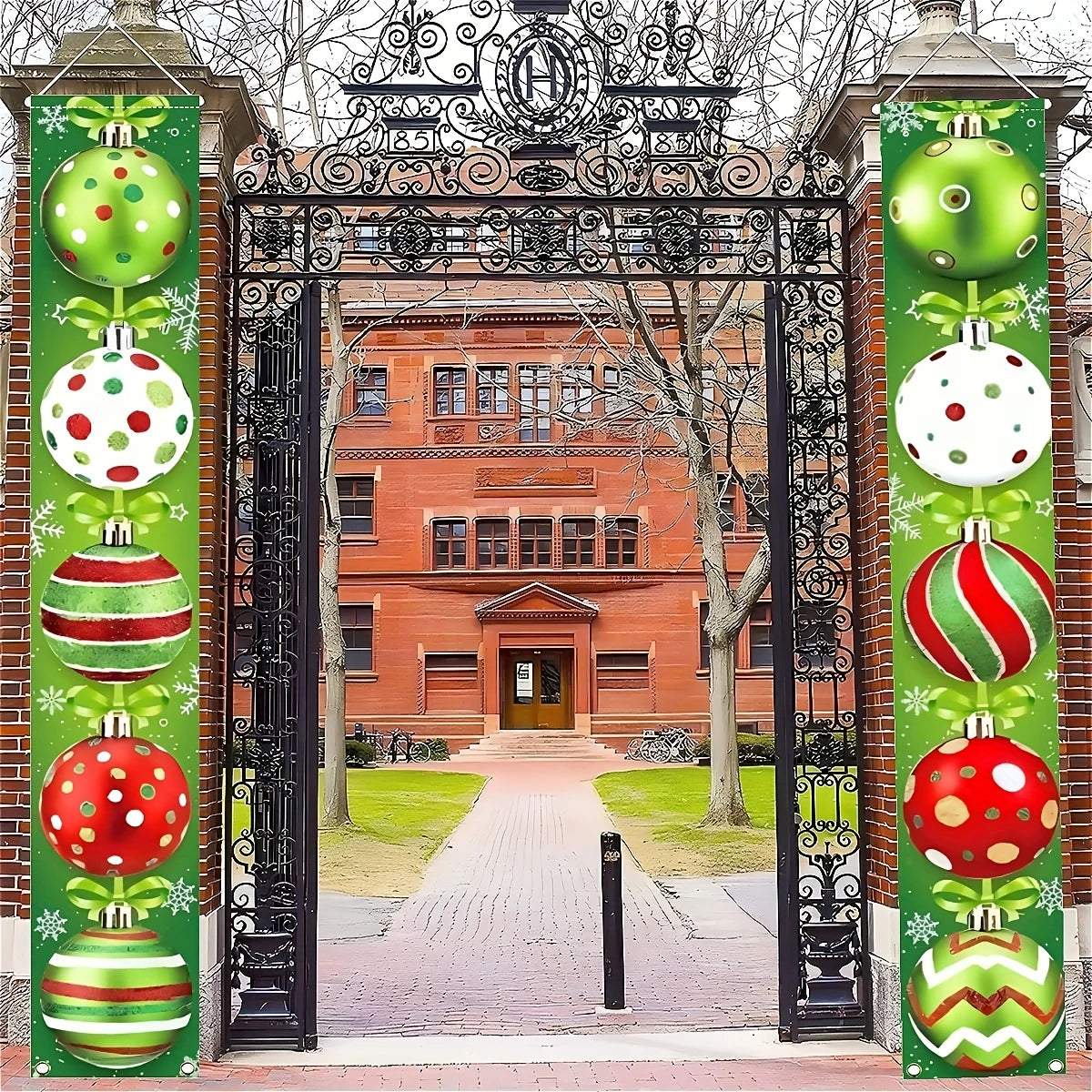 Red and green holiday decorations, featuring ornaments, snowflakes and the words "Merry Christmas"