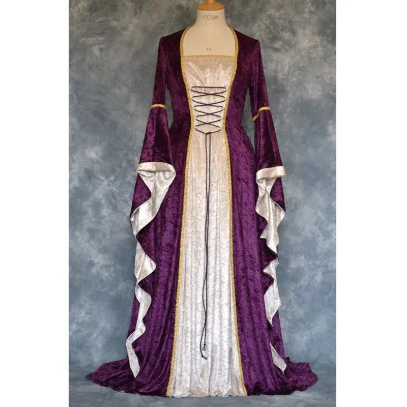 Halloween Velvet Bell Sleeve Dress – Medieval European Court Vintage Gown | 5 Colors | Sizes S–XXXL
