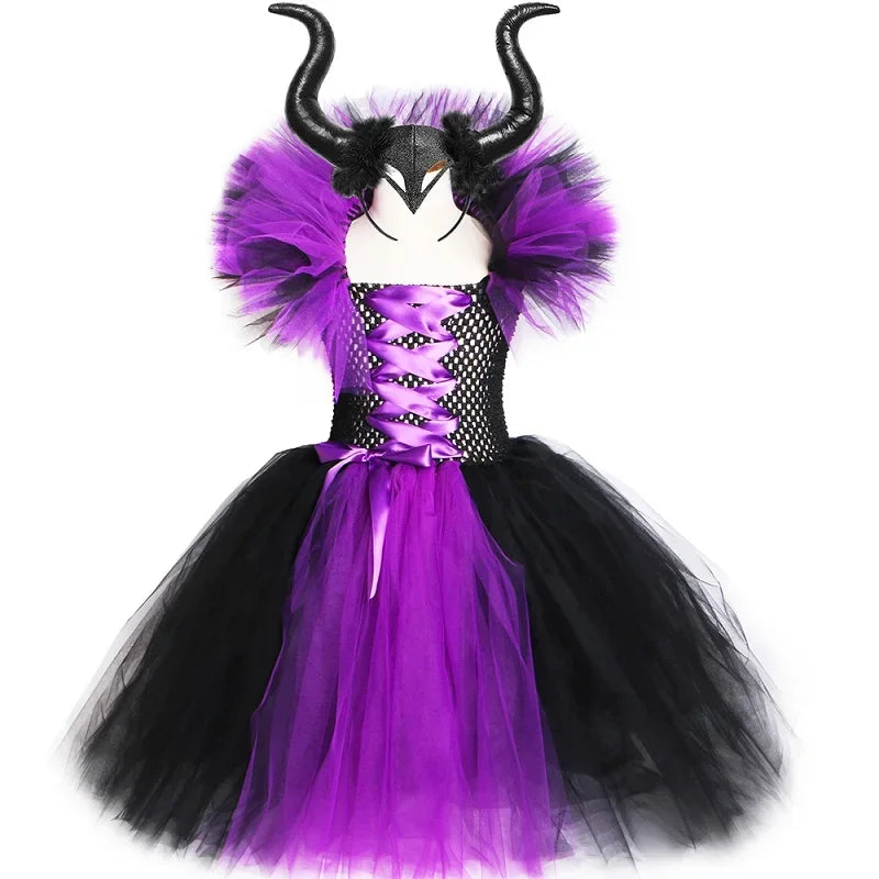 Halloween Evil Queen Costume for Kids Carnival Party Dress Up Outfit Purple Black Witch Costume for Girls Fancy Tulle Tutu Dress