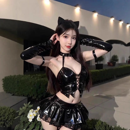 Dark Devil Halloween Costume Set – Gothic Uniform with Crossed Strap & Low Waist Skirt | Sizes S–XXL