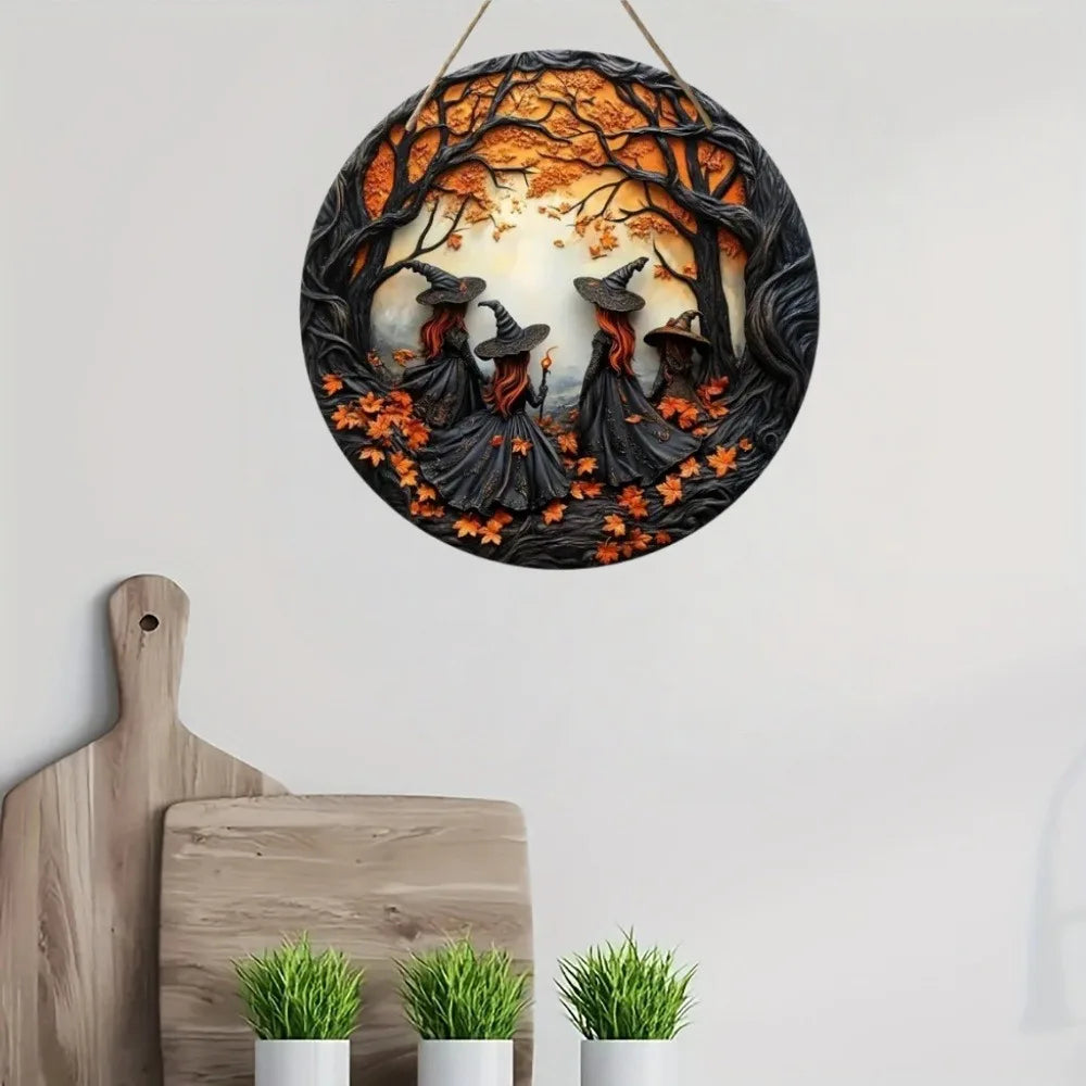 2D Retro Halloween Witch Circular Wooden Sign, Suitable for Home, Restaurant, Office, Coffee Shop, Bar, Holiday Decoration Gifts