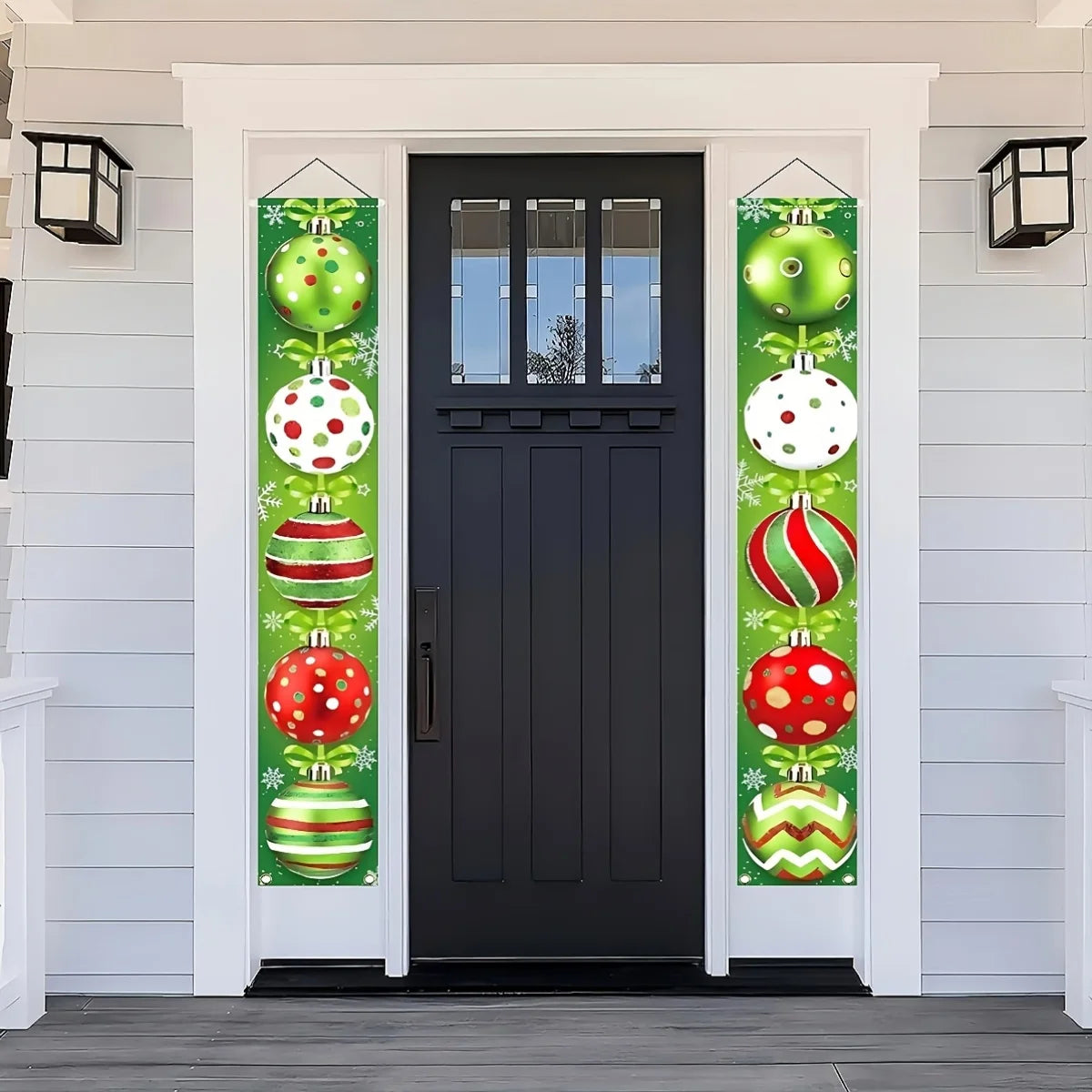Red and green holiday decorations, featuring ornaments, snowflakes and the words "Merry Christmas"