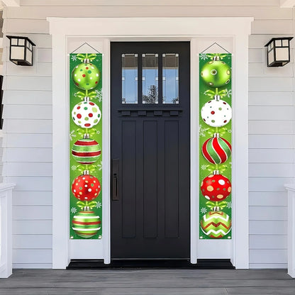 Red and green holiday decorations, featuring ornaments, snowflakes and the words "Merry Christmas"