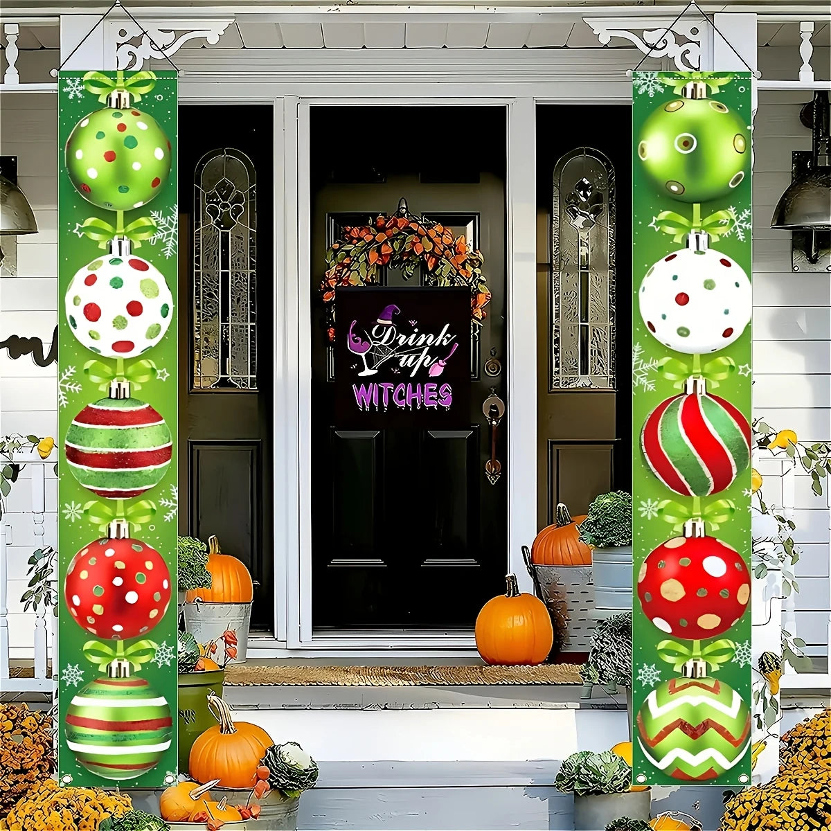 Red and green holiday decorations, featuring ornaments, snowflakes and the words "Merry Christmas"