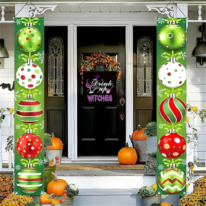 Red and green holiday decorations, featuring ornaments, snowflakes and the words "Merry Christmas"