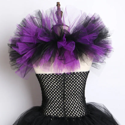 Halloween Evil Queen Costume for Kids Carnival Party Dress Up Outfit Purple Black Witch Costume for Girls Fancy Tulle Tutu Dress