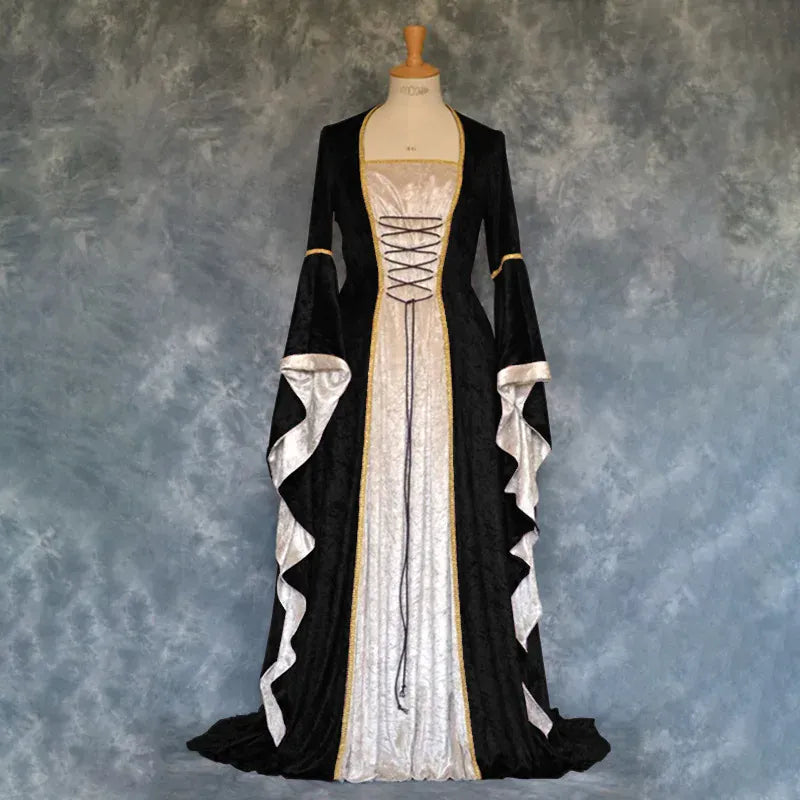 Halloween Velvet Bell Sleeve Dress – Medieval European Court Vintage Gown | 5 Colors | Sizes S–XXXL