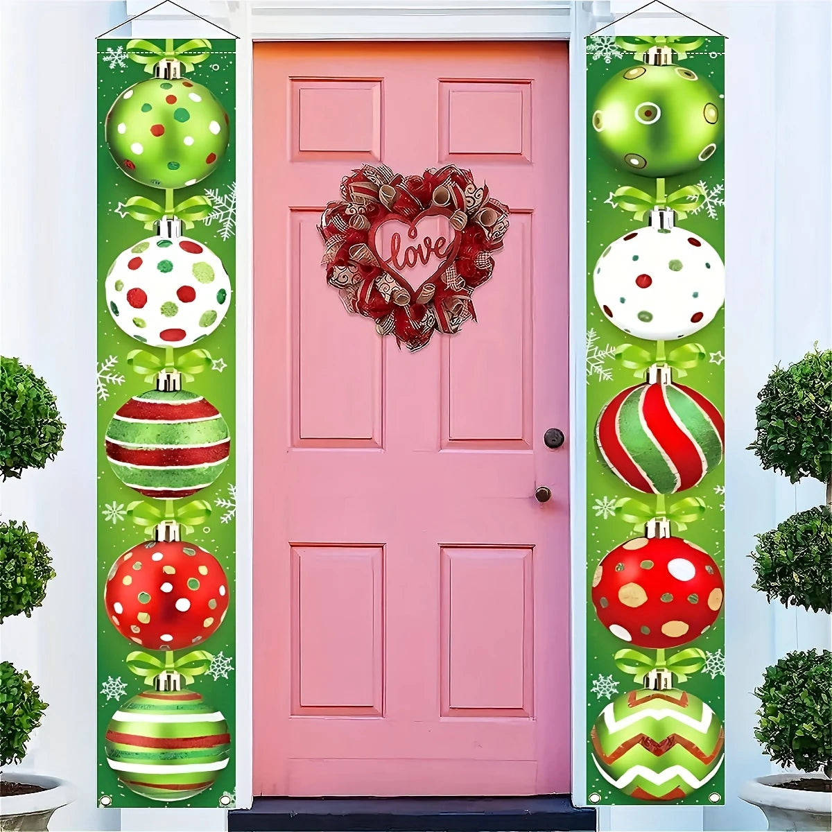 Red and green holiday decorations, featuring ornaments, snowflakes and the words "Merry Christmas"