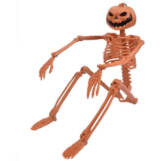Halloween Full Life Size Skeleton Pumpkin Head Hanging Poseable Movable Fake Human Skull Bones Haunted House Party Decoration
