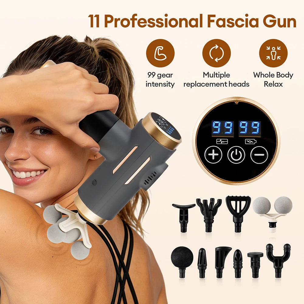 11-in-1 Electric Massage Gun – 99-Level Deep Tissue Percussion Massager with Fast Charging
