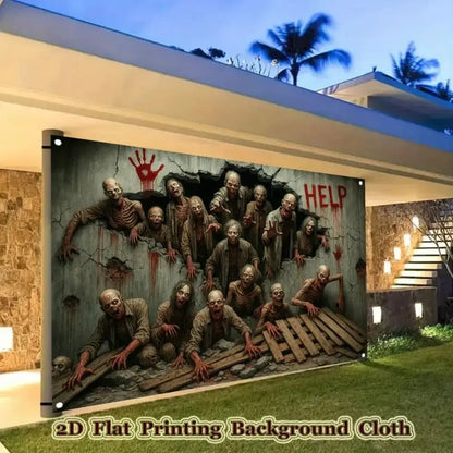 VIKAMA 2D Halloween Banner - Zombie Breakout Horror Scene Photography Background - Party Decoration - Hanging Background