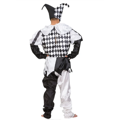 Halloween Carnival Costumes Funny Fun Cosplay Black and White Splicing Clown Costume with Hat for Man Women Innovative Set