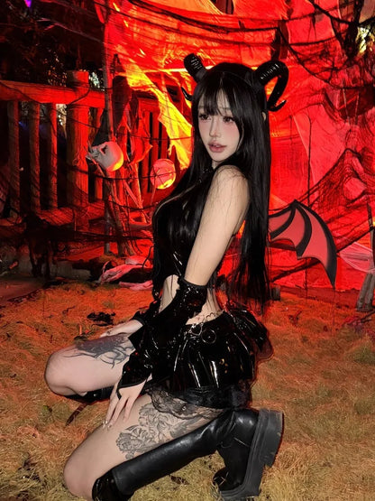 Dark Devil Halloween Costume Set – Gothic Uniform with Crossed Strap & Low Waist Skirt | Sizes S–XXL