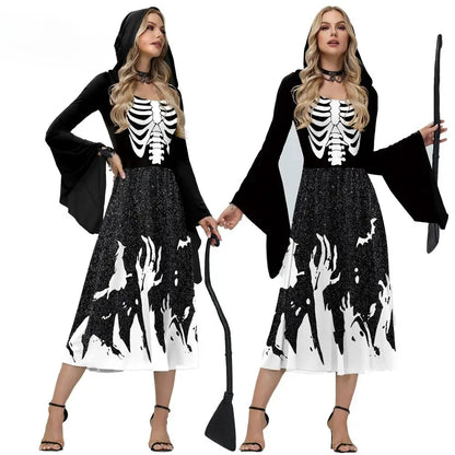 Two women in black and white Halloween costumes with skeleton and ghost designs.