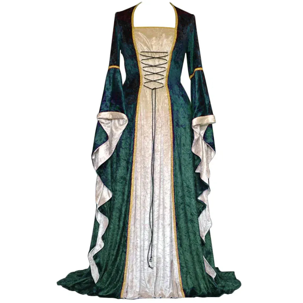 Halloween Velvet Bell Sleeve Dress – Medieval European Court Vintage Gown | 5 Colors | Sizes S–XXXL