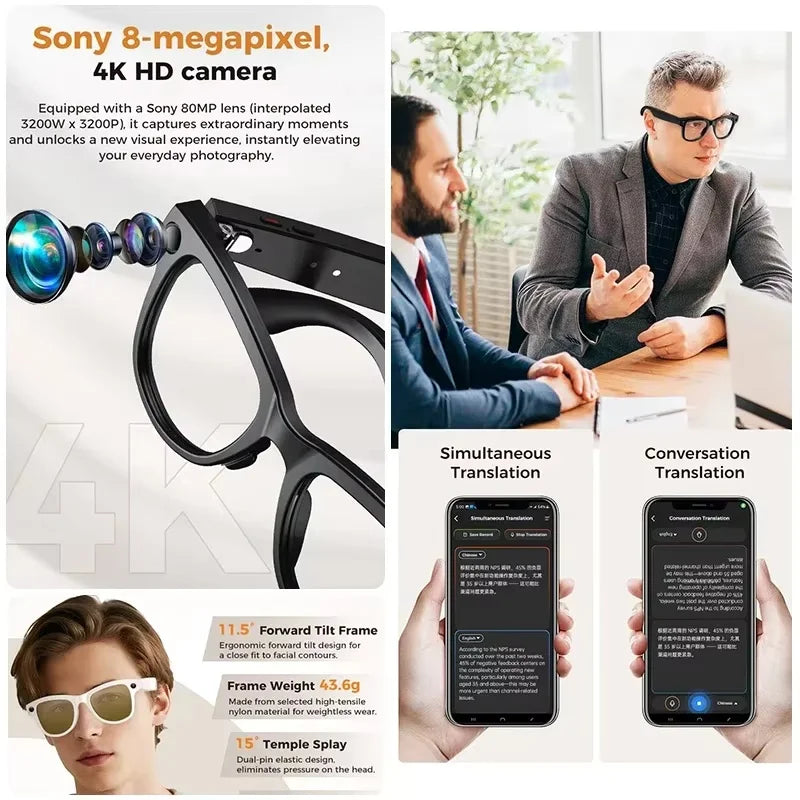 Smart AI Glasses – 8K Camera, Real-Time Translator & Photo/Video Recording Wearable